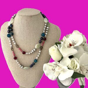 Honora 38” Pearl, Serpentine, Smoky Quartz, & Fluorite Sterling Silver Necklace